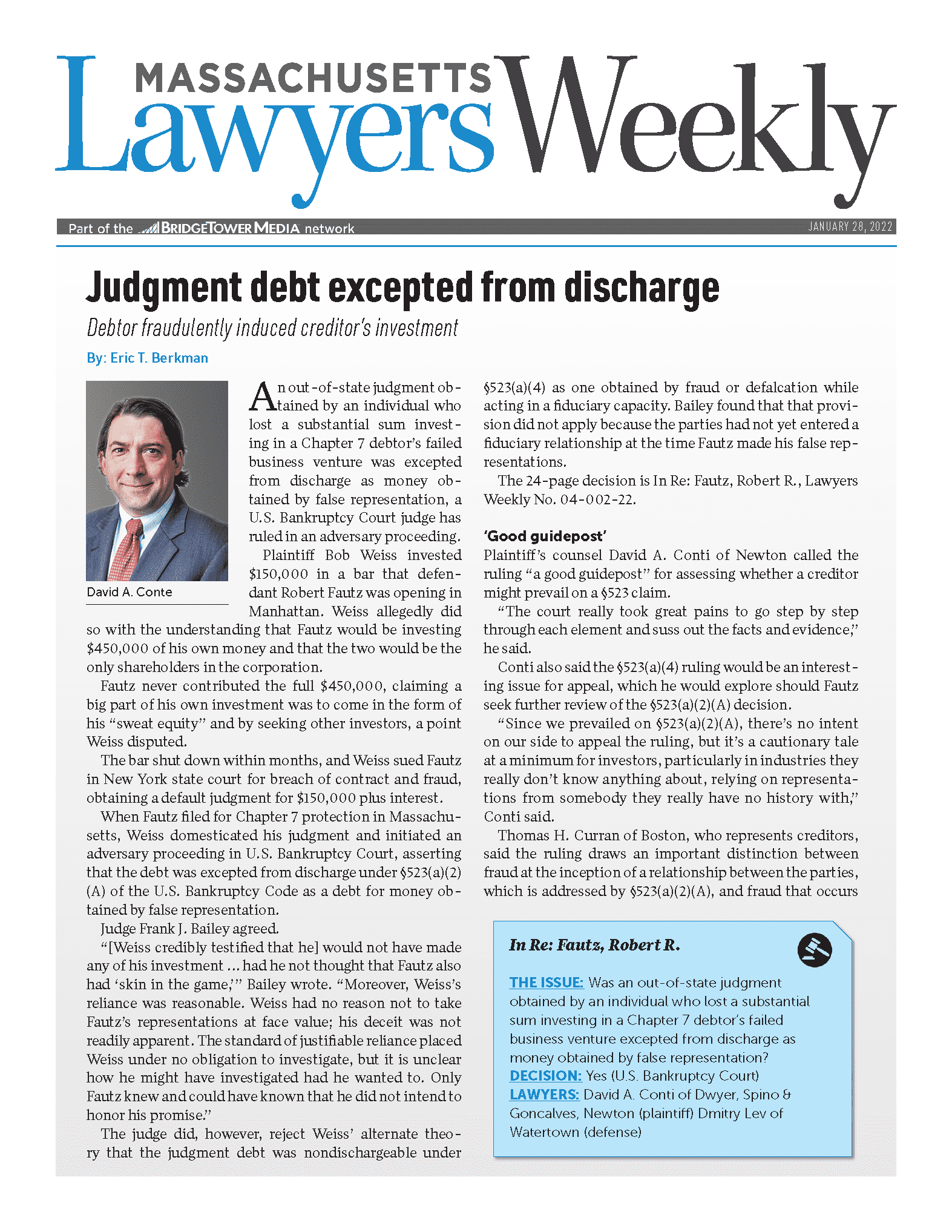 Judgement debt excepted from discharge 1